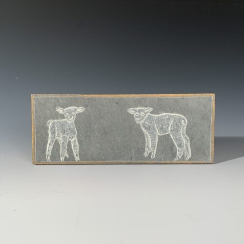 2 Lambs Carved on Slate Tile