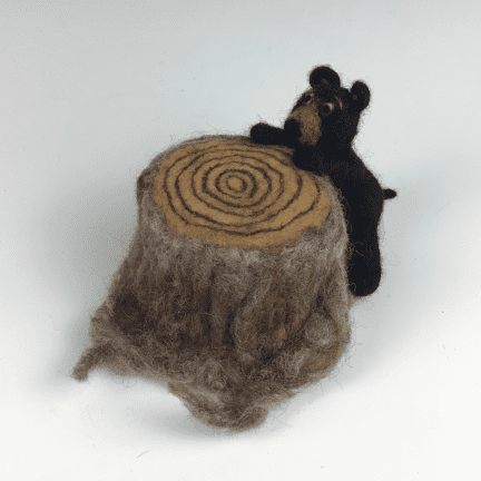 Alternative view of "Stumped Bear Cub" Felted Figure