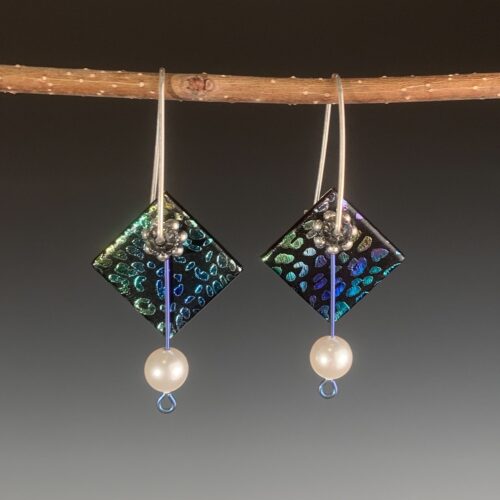 Turquoise & Black Dichroic Glass and Pearl Earrings