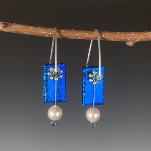 Cobalt Blue Dichroic Glass and Pearl Earrings