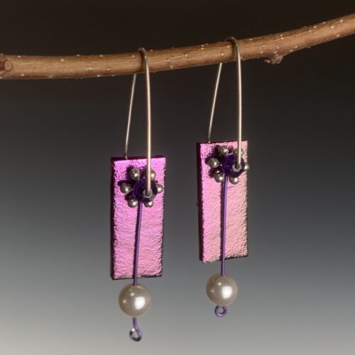 Purple Dichroic Glass and Pearl Earrings