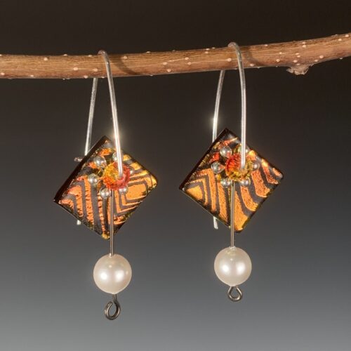 Black & Gold Dichroic Glass and Pearl Earrings