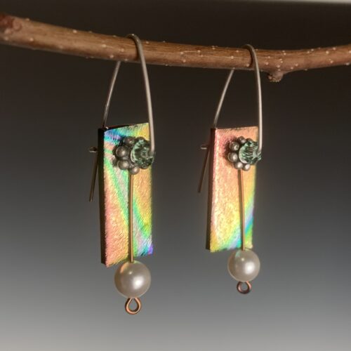 Multicolored Dichroic Glass and Pearl Earrings