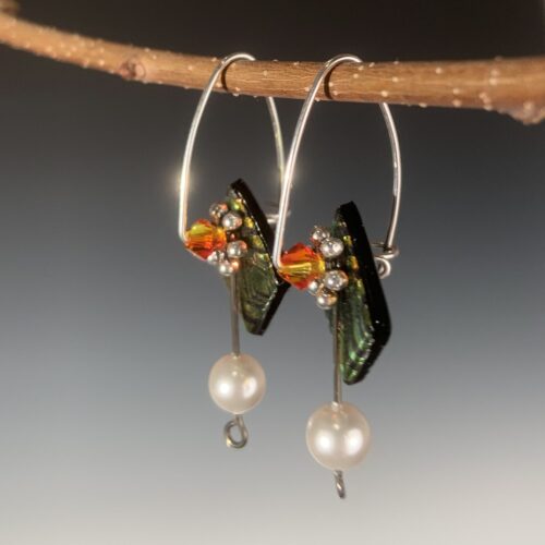 Black & Gold Dichroic Glass and Pearl Earrings - Image 3