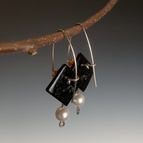 Black & Gold Dichroic Glass and Pearl Earrings - Image 4