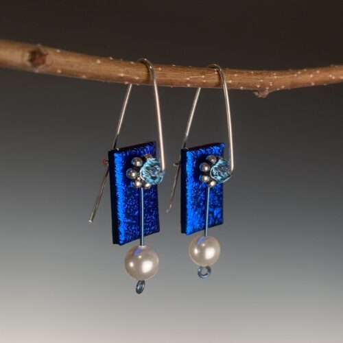 Alternative view of Cobalt Blue Dichroic Glass and Pearl Earrings
