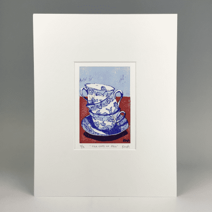 Alternative view of "Tea Cups on Red" Woodblock Print