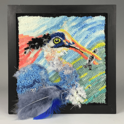 Framed Blue Heron with Fish Rug Hooking