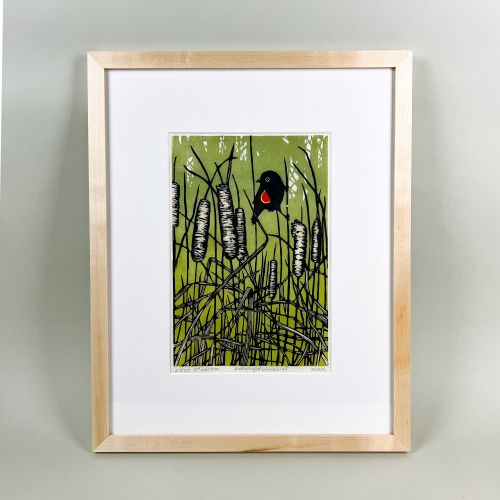 Framed Red Winged Blackbird Wood Block Print