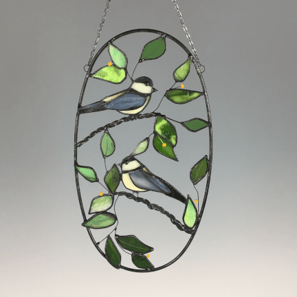 Oval Stained Glass Chickadees