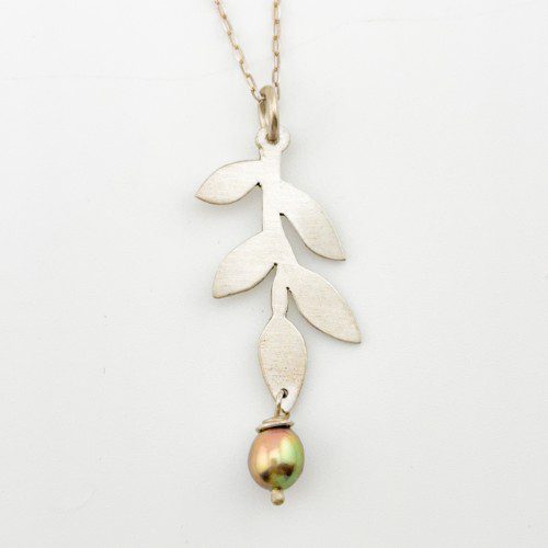 Sterling Silver Leaf Pendant with Multi-colored Pearl