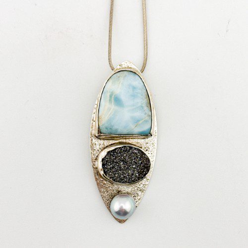 Larimar, Hematite, and Grey Pearl Pendant