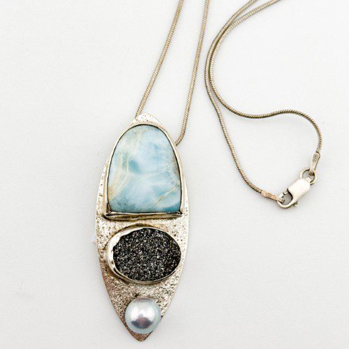 Alternative view of Larimar, Hematite, and Grey Pearl Pendant