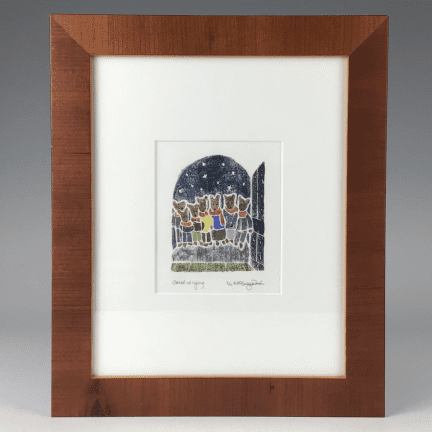 "Carol Singing" White Line Woodcut Print