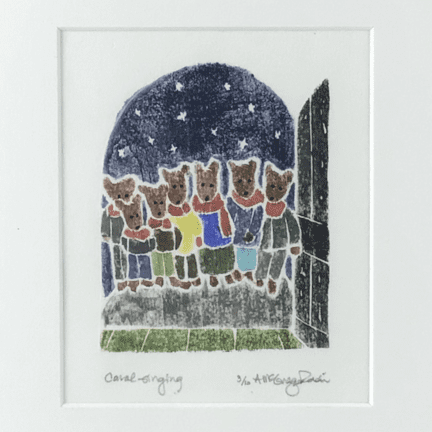 Alternative view of "Carol Singing" White Line Woodcut Print