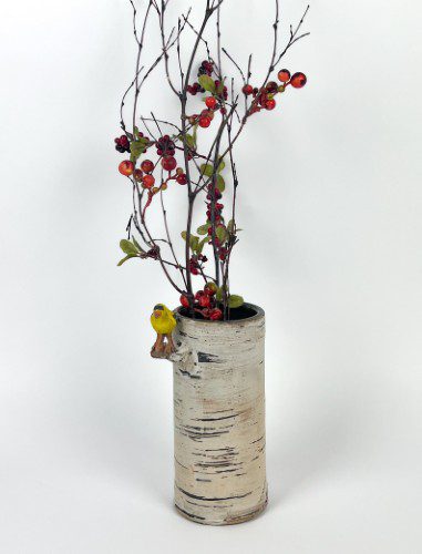 Ceramic Birch Bark Goldfinch Vase