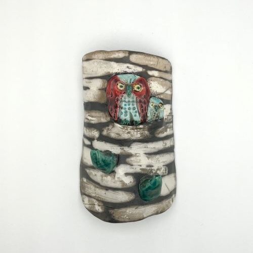 Owl with Baby Wall Hook Raku
