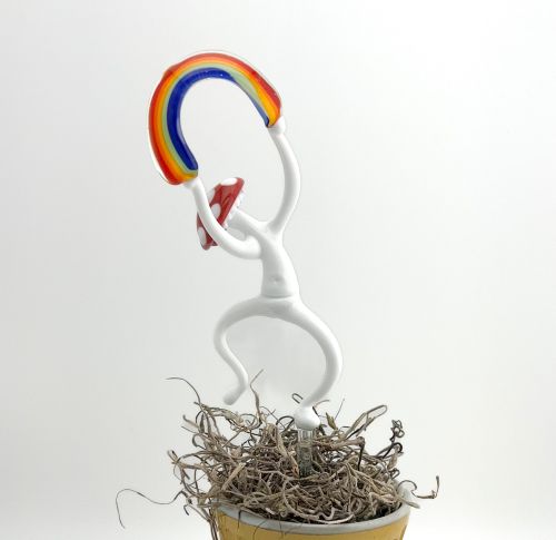 Glass Mushroom Plant Stake -Rainbow Offering White