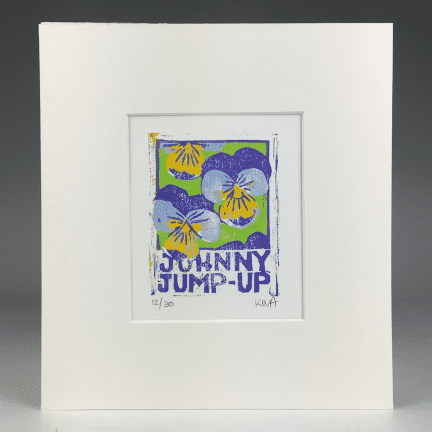 Alternative view of "Johnny Jump Up" Matted Woodblock Print