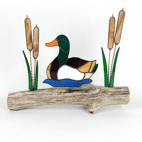 Stained Glass Mallard Duck on Driftwood