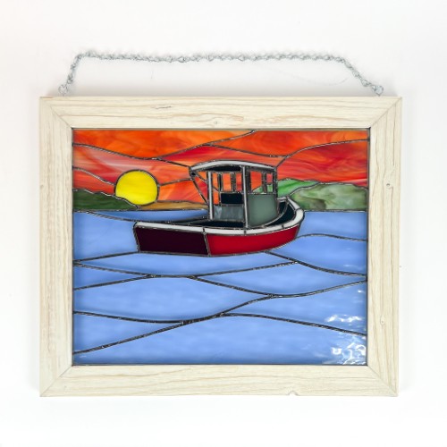 Stained Glass Lobster Boat in Harbor