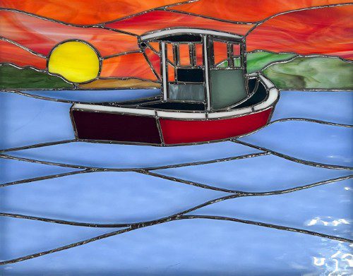 Alternative view of Stained Glass Lobster Boat in Harbor