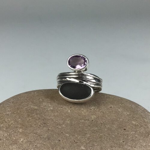 Alternative view of "Rooted" Beach Stone & Amethyst Ring