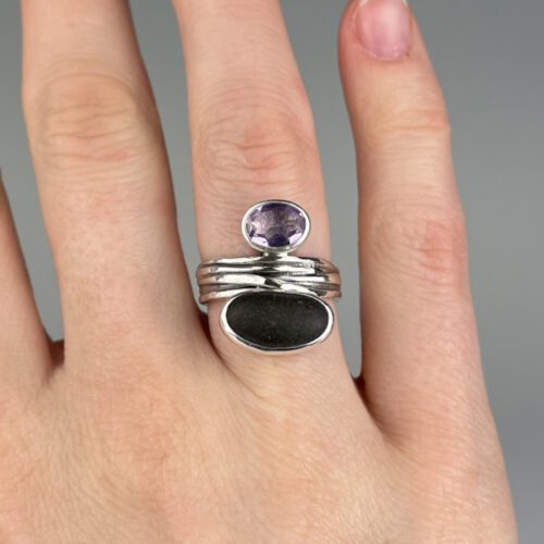 "Rooted" Beach Stone & Amethyst Ring