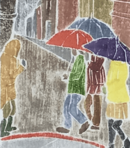 Alternative view of "Sometimes It Rains" White Line Woodcut Print