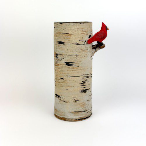 Ceramic Birch Bark Cardinal Vase
