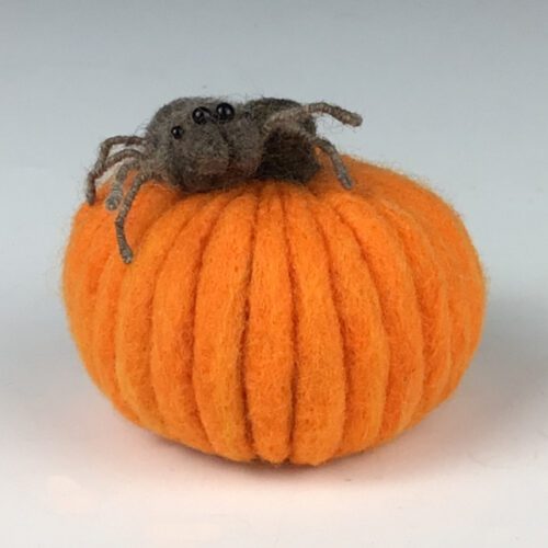 Wool Felted Pumpkin with Jumping Spider