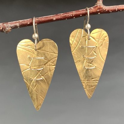 Stitched Brass Heart Earrings