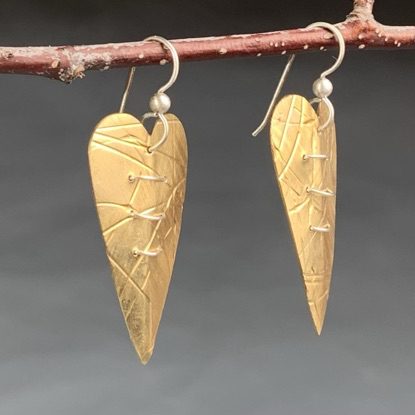 Alternative view of Stitched Brass Heart Earrings