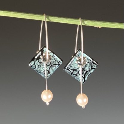 Silver & Black Dichroic Glass and Pearl Earrings