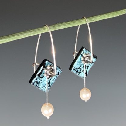 Alternative view of Silver & Black Dichroic Glass and Pearl Earrings