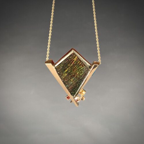 Alternative view of 14 Karat Gold and Ammolite Pendant with Sapphires
