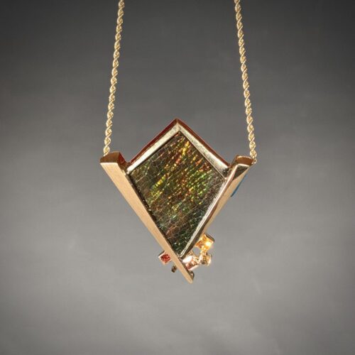 14 Karat Gold and Ammolite Pendant with Sapphires