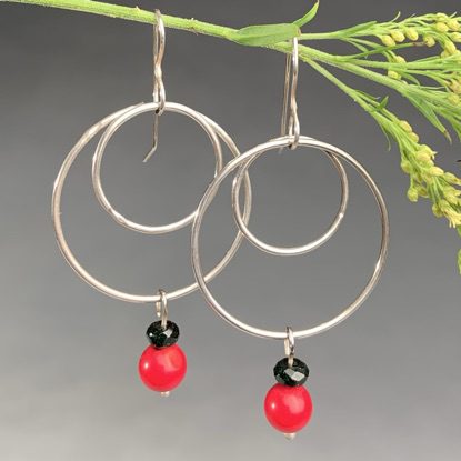 Silver Double Hoop Earrings with Beads - Image 2