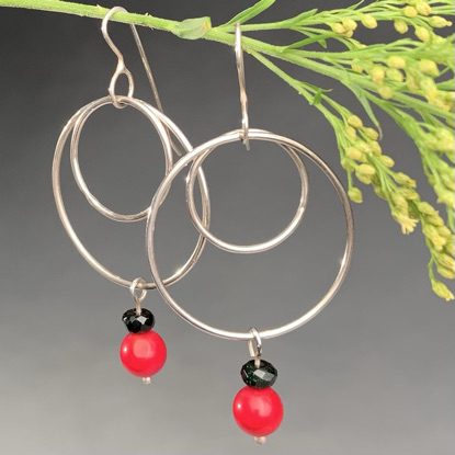 Silver Double Hoop Earrings with Beads